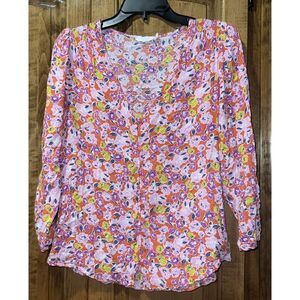 Lush Blouse Women's Size M Long Sleeve‎ Floral Top orange/pink